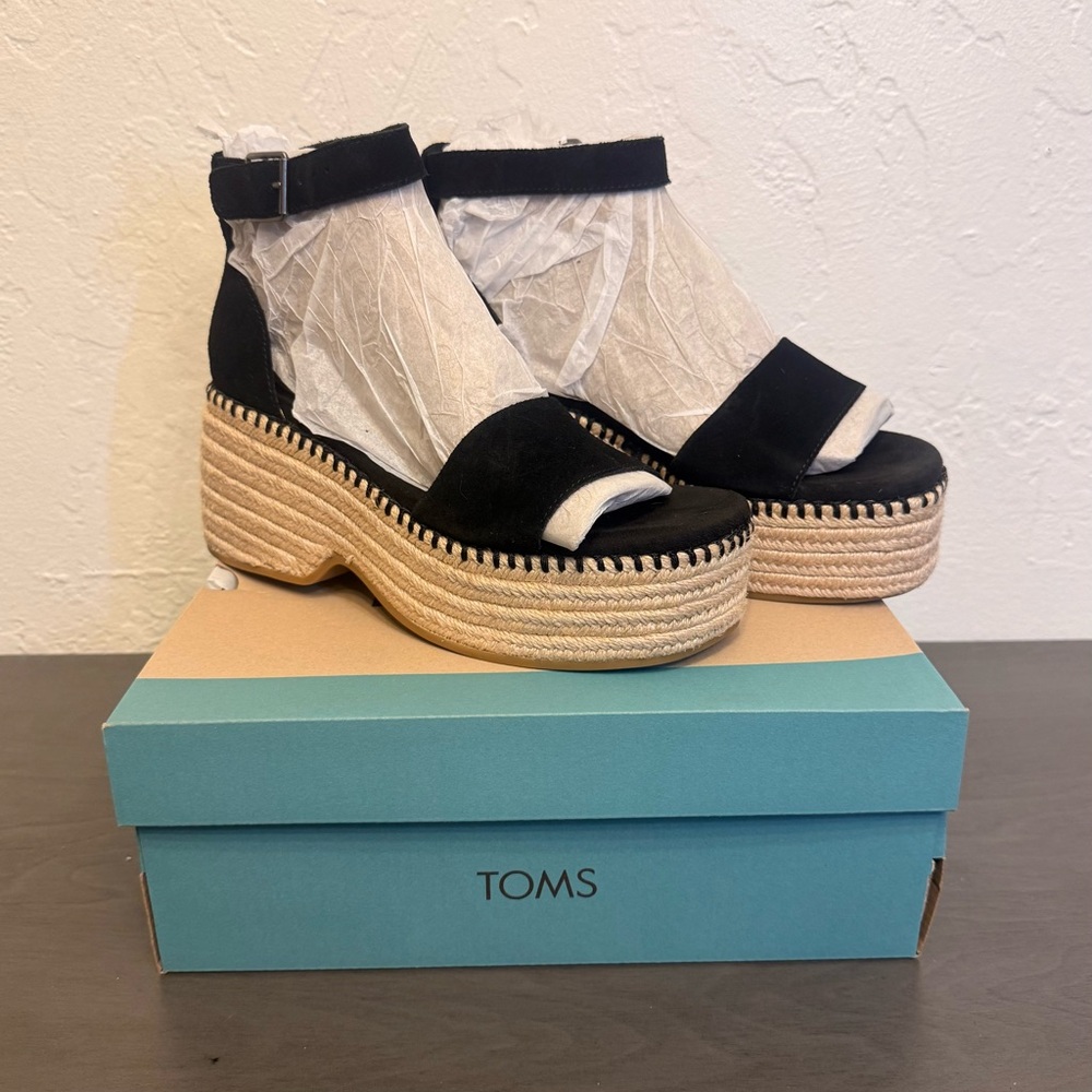 TOMS Womens Size 8 Laila Black Suede Platform Espadrille Shoes Sandals